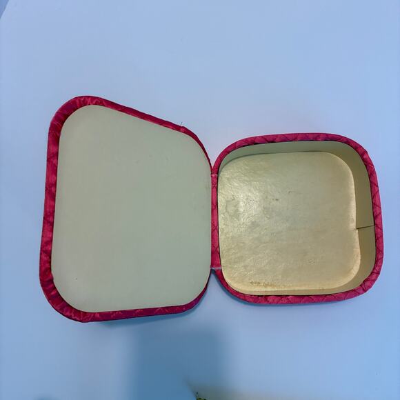 Vanity Organizer MCM Vintage Pink Quilted Satin Square Hinged Lid 8” sq x 2.5” H - Picture 2 of 5